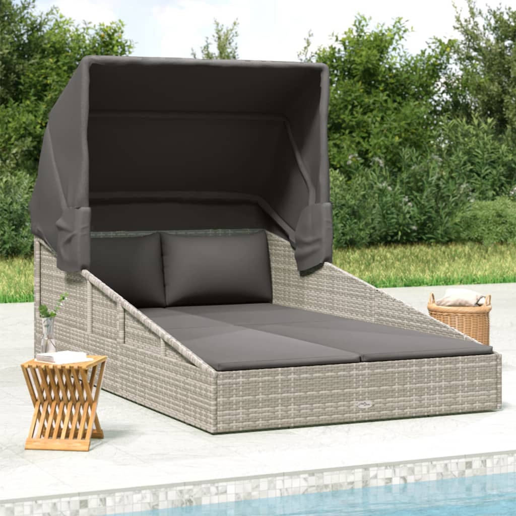 Sonnenliege mit Faltdach Grau 200x114x128 cm Poly Rattan – Bild 1